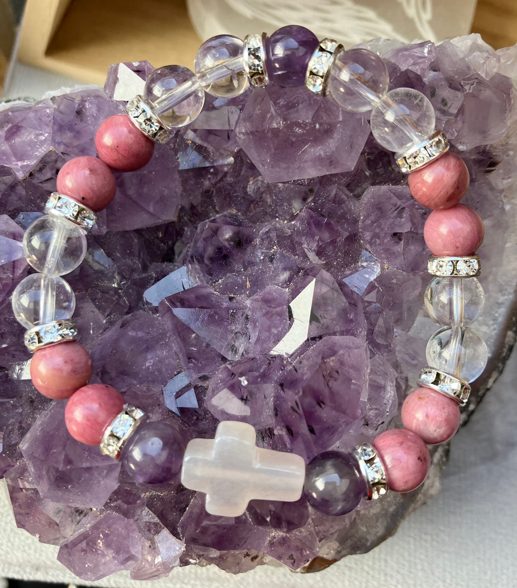 Bracelet Amours lumineux : Agate - rhodonite - cristal de roche - améthyste