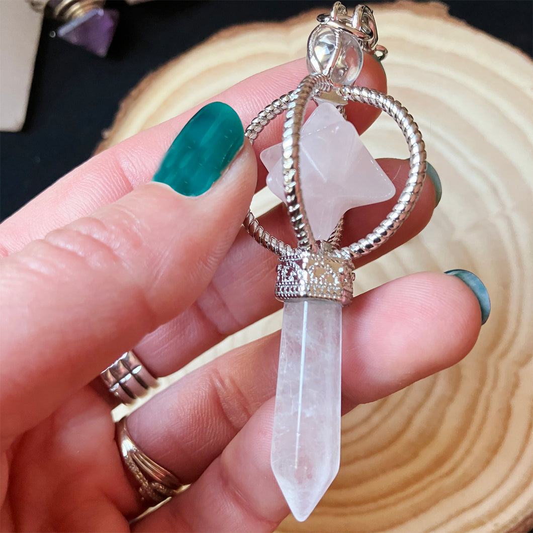 Pendule Merkabah en cristal de roche et quartz rose
