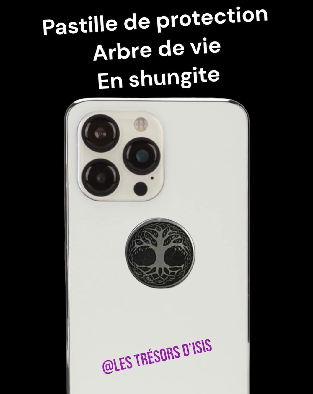 Protection anti ondes téléphone. Pastille ronde autocollante en shungite, gravée arbre de vie. Les trésors d’Isis.