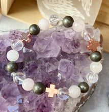 Charger l&#39;image dans la galerie, Bracelet élévation spirituelle - quartz rose-pyrite-cristal de roche
