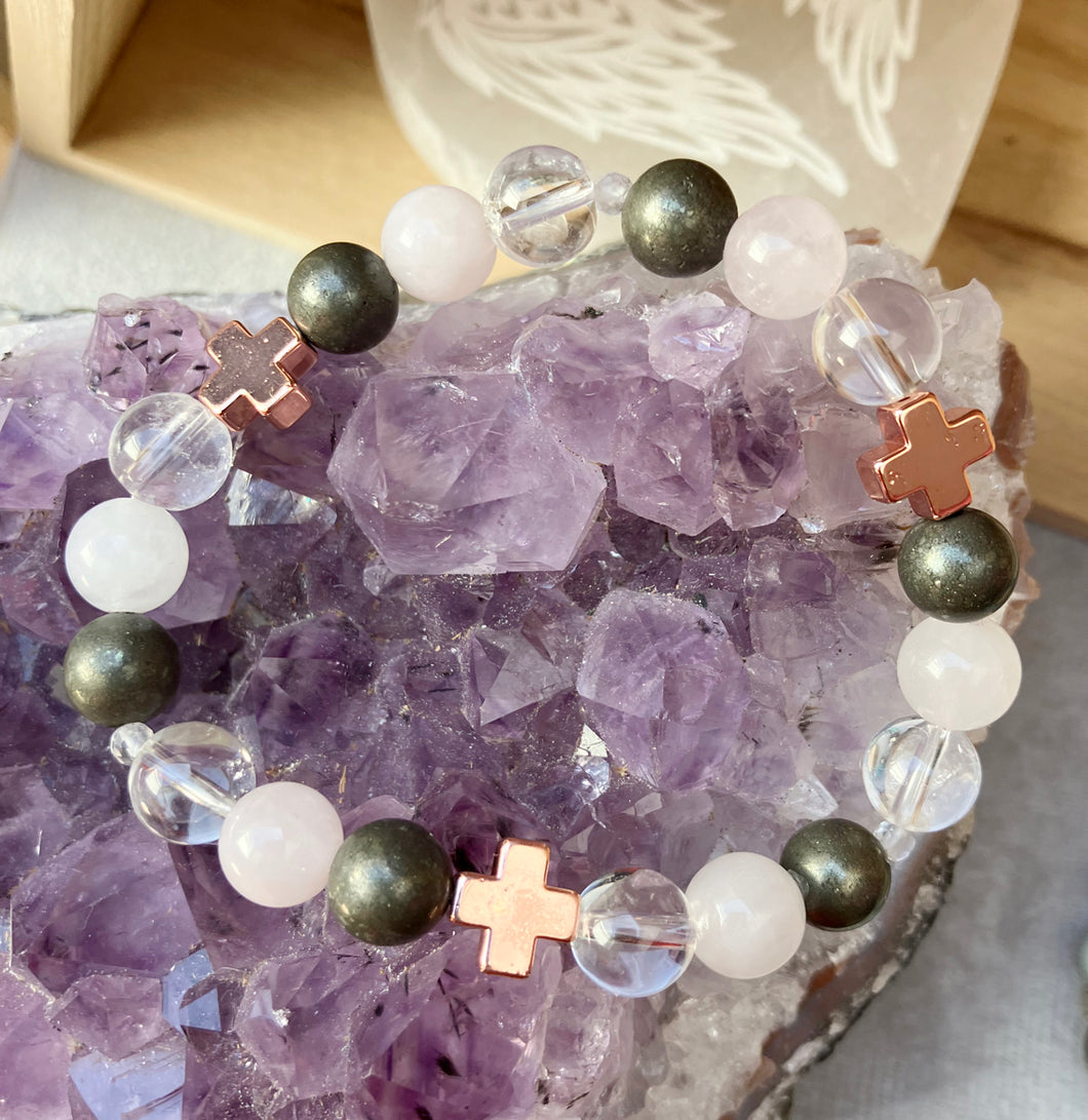 Bracelet élévation spirituelle - quartz rose-pyrite-cristal de roche